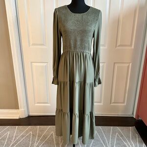 Zesica Olive Green Smocked Top Long Sleeve Boho Maxi Dress